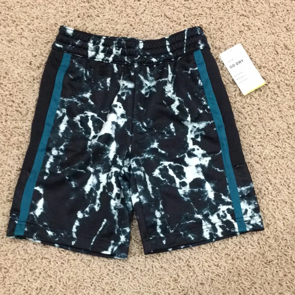 Old Navy Black and White Tie-Dye Active Shorts with Teal Stripes
